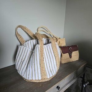 Elegant Tan and White Striped Tote Bag